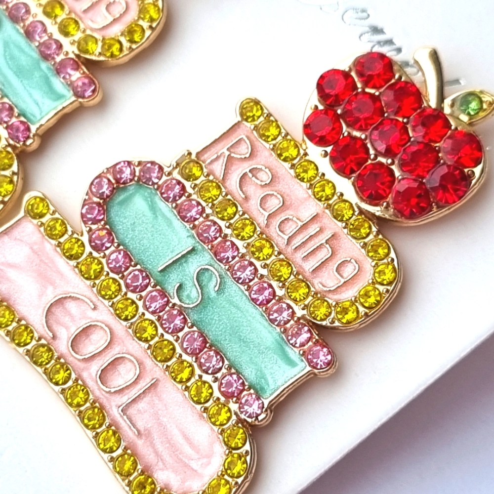 Statement Earrings | Diamantè Encrusted | Reading is Cool | Novelty Gift 🍎📚 - Picture 4 of 9